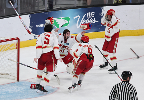 Denver Pioneers in action during the 2026 NCAA Frozen Four semifinals and final